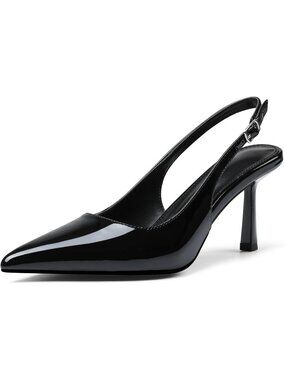 Women's Black Slingback Pointed Toe Kitten Stiletto Heel with Buckle Comfortable